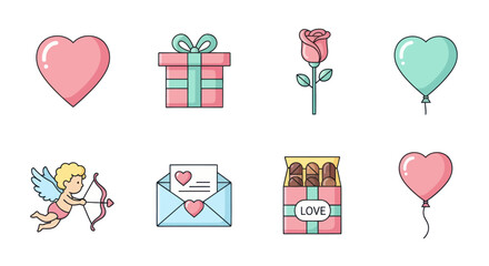 Valentine's Day Icons Set: Cupid, Hearts, Gift, Rose, Balloon, Love Letter, Chocolates