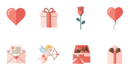 Valentine's Day Icons Set: Hearts, Rose, Gift Boxes, Cupid, Chocolates & Love Letter