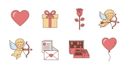 Valentine's Day Icons: Heart, Cupid, Rose, Gift Box, Balloon, Envelope, Chocolate