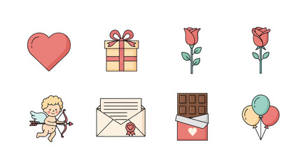 Valentine's Day Icons: Heart, Cupid, Rose, Gift, Chocolate, Balloons, Letter