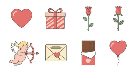 Valentine's Day Icons: Cupid, Heart, Rose, Gift, Chocolate, Envelope, Balloon