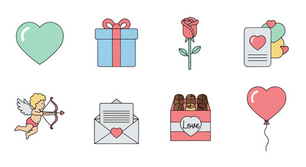Valentine's Day Icons: Heart, Cupid, Rose, Gift, Balloon, Love Letter, Chocolate Box