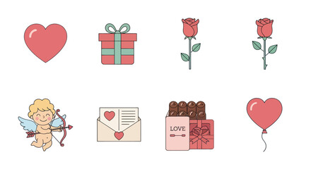 Valentine's Day Icons: Heart, Cupid, Roses, Gift Box, Chocolate, Letter, Balloon