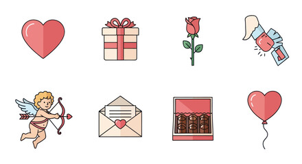 Valentine's Day Icon Set: Heart, Gift, Rose, Cupid, Envelope, Chocolate, Balloon