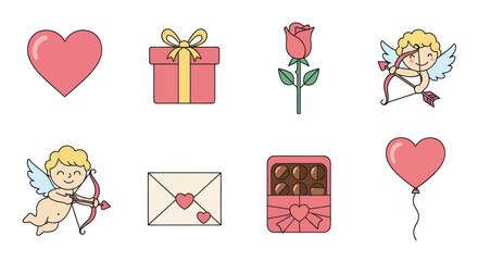 Valentine's Day Icons: Hearts, Cupids, Rose, Gift, Chocolates, Envelope, Balloon