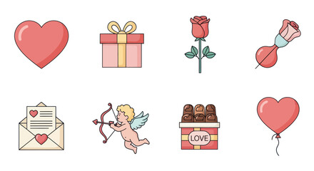 Valentine's Day Icons: Heart, Rose, Cupid, Gift Box, Chocolate, Love Letter & Balloon
