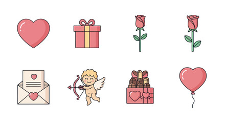 Valentine's Day Icons: Heart, Rose, Gift Box, Cupid, Love Letter, Balloon