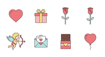 Valentine's Day Icons Set: Heart, Cupid, Rose, Gift, Chocolate, Envelope