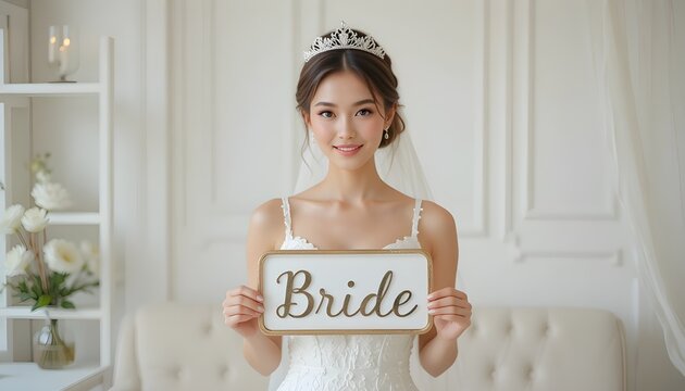 Elegant bride-to-be holding a &ldquo;Bride&rdquo; sign, minimal d&eacute;cor, classy vibes
