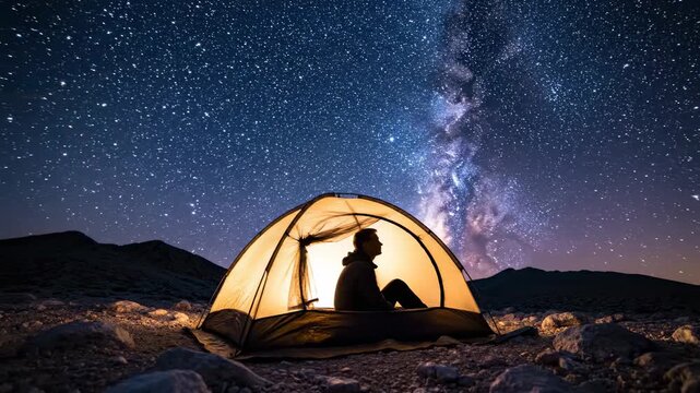 A solo camper sits inside a brightly lit tent, gazing up at the spectacular Milky Way galaxy stretching across a dark night sky, with silhouettes of distant mountains, creating a profound scene of