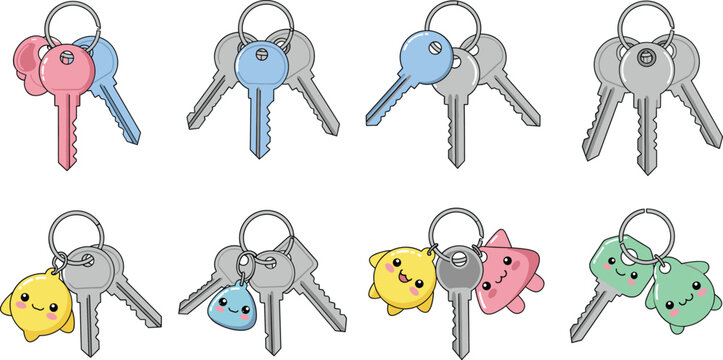 Cute Keychain And House Keys Set With Smiling Cartoon Charms Flat Vector Illustration