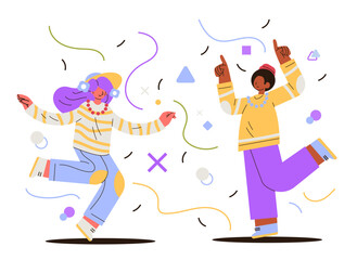 Fototapeta premium People celebrating Fire Horse 2026 joyful dance festive confetti abstract shapes colorful outfits modern flat style white background