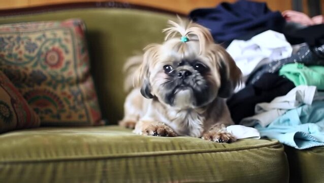 A small dog sitting on a green couch with a pile of laundry next to it in a cozy living room video