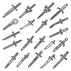 Naklejka premium Collection of Dagger and Sword Outline Vector Icons