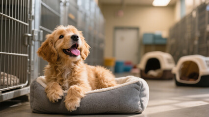 A happy golden-colored puppy lying on a soft dog bed in an animal shelter, with other dogs visible in kennels in the background
