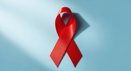 Red Ribbon on Blue Background.