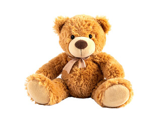 Obraz premium Fluffy, brown teddy bear with a bow sits on a black background