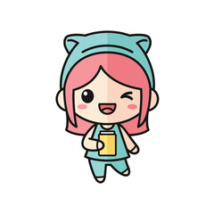 Fototapeta premium Cartoon girl in cat costume holding coffee cup in kawaii style with pastel colors and soft lighting for childrens illustration