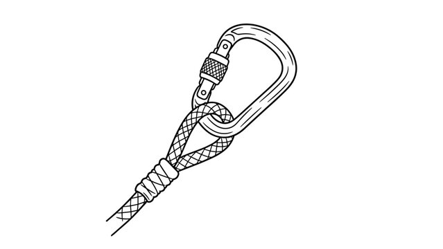 Detailed linear drawing of carabiner clipped to rope for climbing and safety gear