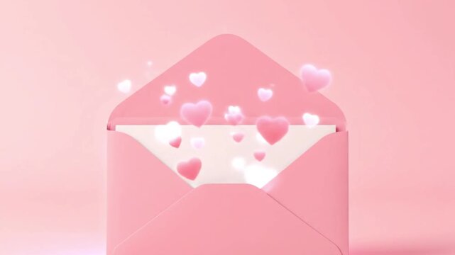 Open pink envelope with white paper inside on a soft pink background with subtle light flare