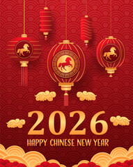 Fire Horse Chinese New Year 2026 lanterns red background gold clouds festive celebration traditional pattern
