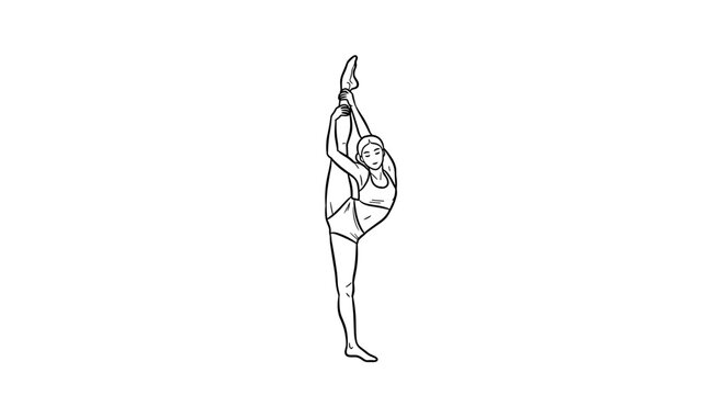 Minimalist contortionist performing stretch, black outline on white background
