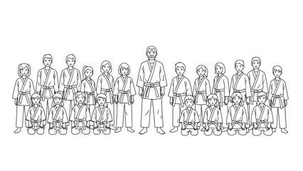 Naklejka premium Martial arts class group portrait: sensei with students in traditional gi attire