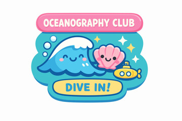 Fototapeta premium Oceanography club logo with happy wave, shell, and submarine welcoming members