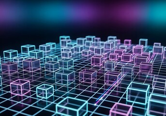 Obraz premium Neon glowing transparent cubes cover the grid