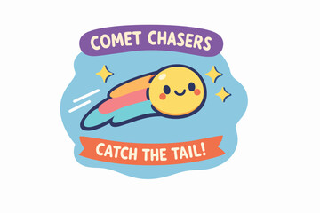 Fototapeta premium Cute comet character flying through space, chasing tails in a cosmic game
