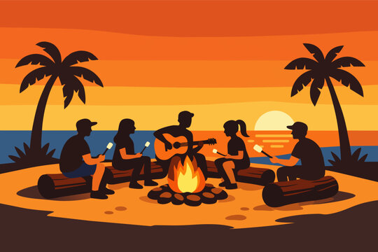 Friends enjoying beach campfire, playing guitar, roasting marshmallows at sunset