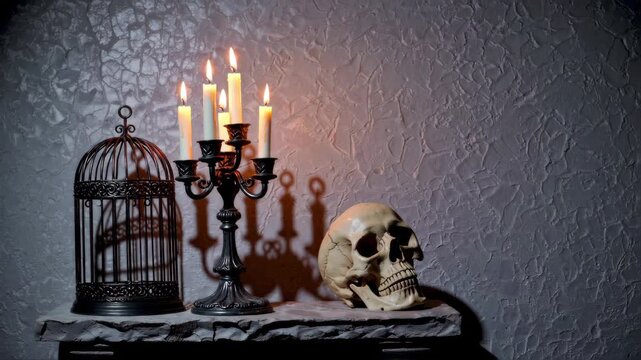 Vintage candelabra and skull on textured wall background