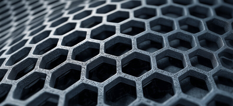  Macro background of a dark hexagonal polymer mesh texture for futuristic material science and industrial product design