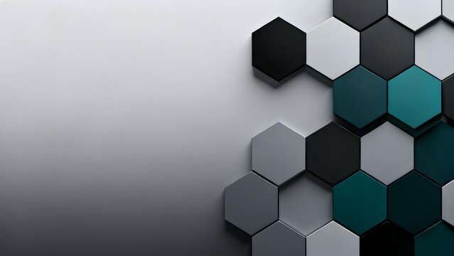 Abstract geometric pattern of hexagonal tiles in shades of gray, black, and teal on a gradient background