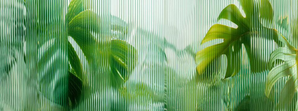 Modern abstract background of green tropical leaves behind frosted glass for biophilic design and wellness interior concepts