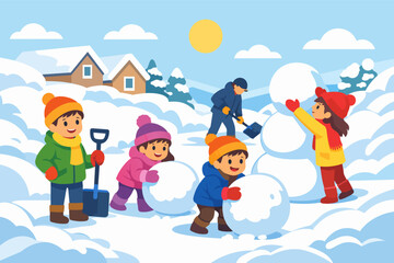 Fototapeta premium Children building snowman in winter landscape, having fun outdoors in snow