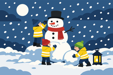 Naklejka premium Children building a snowman during a snowy winter night with moonlight