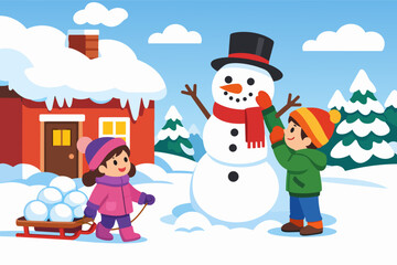 Children playing outside in winter, building a snowman and pulling a sled of snowballs