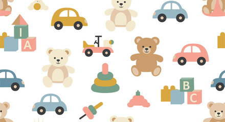 Fototapeta premium Cute Baby Toys Seamless Pattern With Teddy Bears Cars Blocks And Rattle Vector Illustration