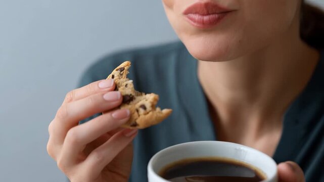Woman taking bite of cookie while holding cup of coffee in cozy indoor snack moment close up