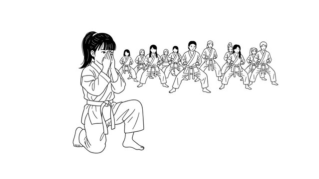 Group karate class with young girl in traditional gi uniform