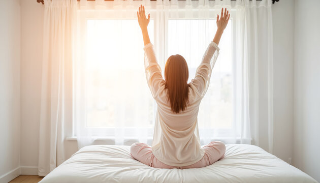 Woman stretching with arms raised on bed in bright bedroom morning  