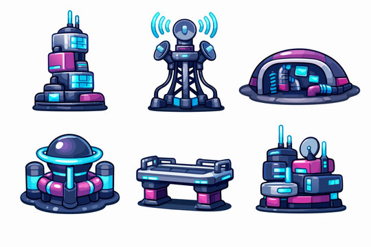Futuristic sci-fi buildings and cyberpunk assets for gaming design