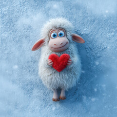 A charming 3D cartoon sheep lying in snow holding a red heart. Perfect for Valentine's Day, romantic themes, and winter greeting cards. High-quality character design with soft fur and blue eyes