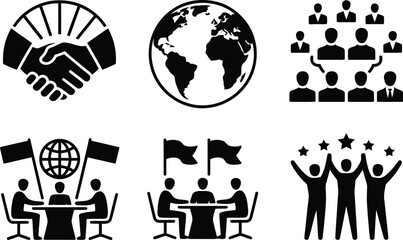 Fototapeta premium A set of diverse black glyph icons representing global business, team collaboration, negotiation, and triumph