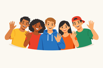 Group of diverse young people smiling and waving, celebrating unity and inclusion