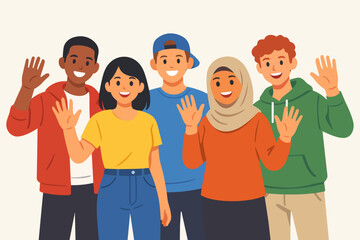 Obraz premium Diverse group of young people waving, symbolizing unity and multicultural friendship