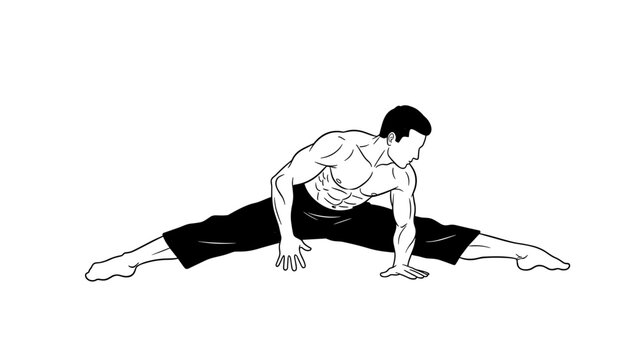Man performing side splits in athletic pose on white background