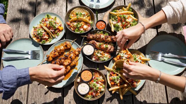 Friends enjoy a vibrant variety of street food including chicken skewers and loaded fries while dining together at a wooden picnic table during a sunny outdoor summer gathering.