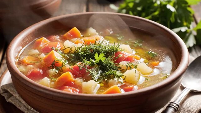 Hearty Vegetable Soup: A rustic ceramic bowl overflows with a flavorful medley of freshly cooked vegetables, embodying the essence of wholesome comfort and nourishment.